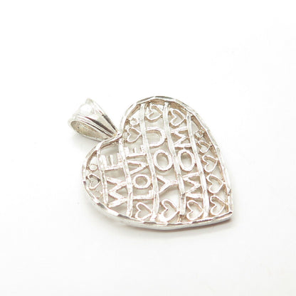 925 Sterling Silver Vintage "We Love You Mom" Ornate Heart Pendant