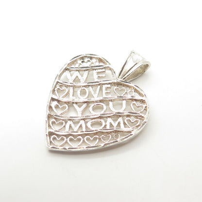 925 Sterling Silver Vintage "We Love You Mom" Ornate Heart Pendant