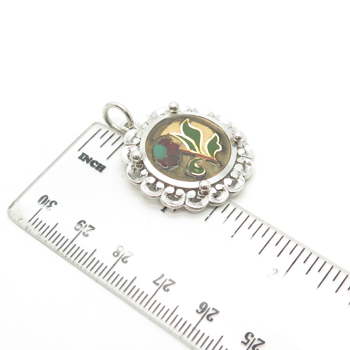 925 Sterling Silver Vintage Greece Cloisonne Enamel Flower Round Pendant