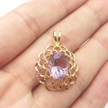 925 Sterling Silver Gold Plated Vintage Real Amethyst Gem Floral Pendant