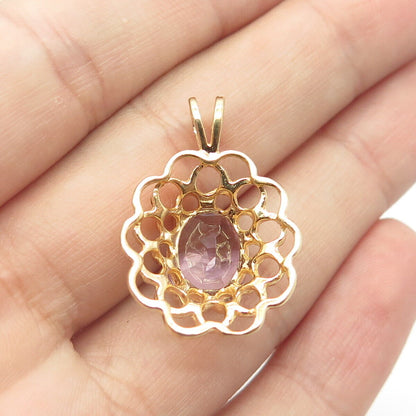 925 Sterling Silver Gold Plated Vintage Real Amethyst Gem Floral Pendant