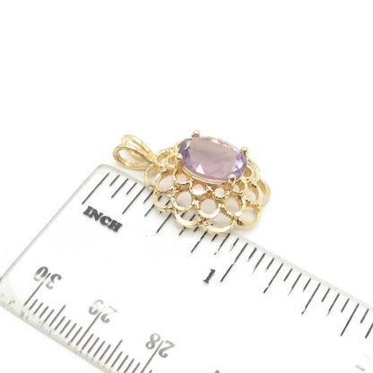 925 Sterling Silver Gold Plated Vintage Real Amethyst Gem Floral Pendant