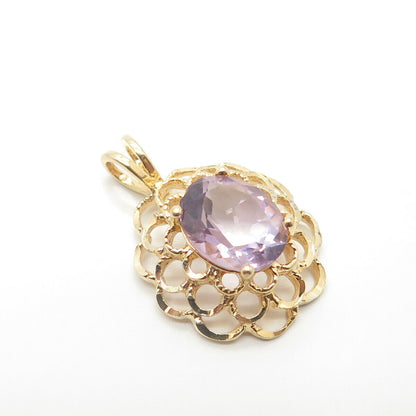 925 Sterling Silver Gold Plated Vintage Real Amethyst Gem Floral Pendant