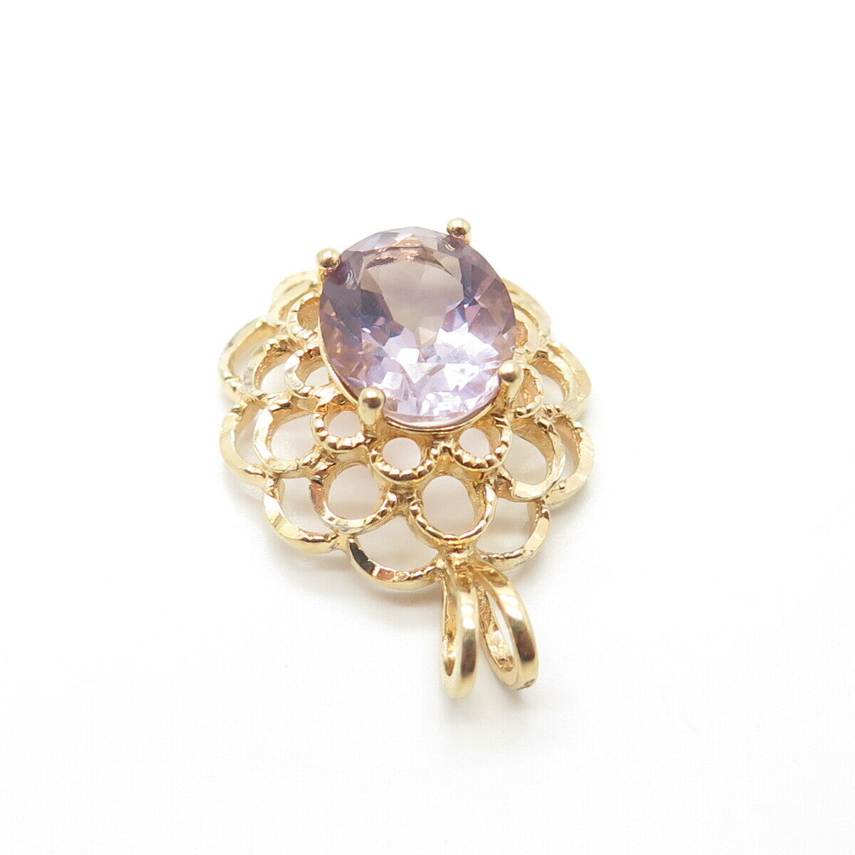 925 Sterling Silver Gold Plated Vintage Real Amethyst Gem Floral Pendant