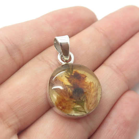 925 Sterling Silver Vintage Mexico Glass Pressed Flower Pendant