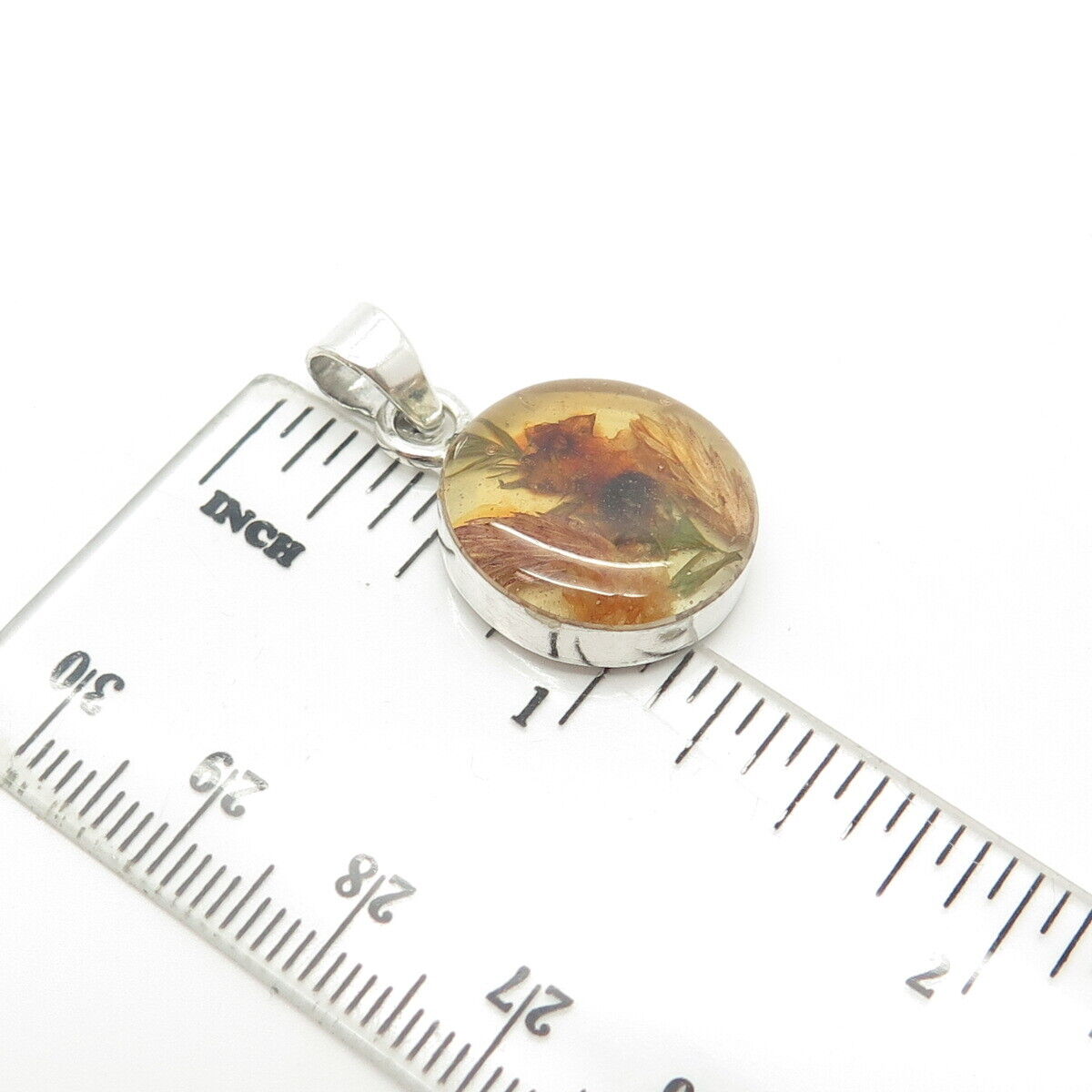 925 Sterling Silver Vintage Mexico Glass Pressed Flower Pendant