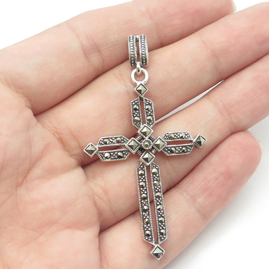 925 Sterling Silver Vintage Real Marcasite Oxidized Cross Pendant