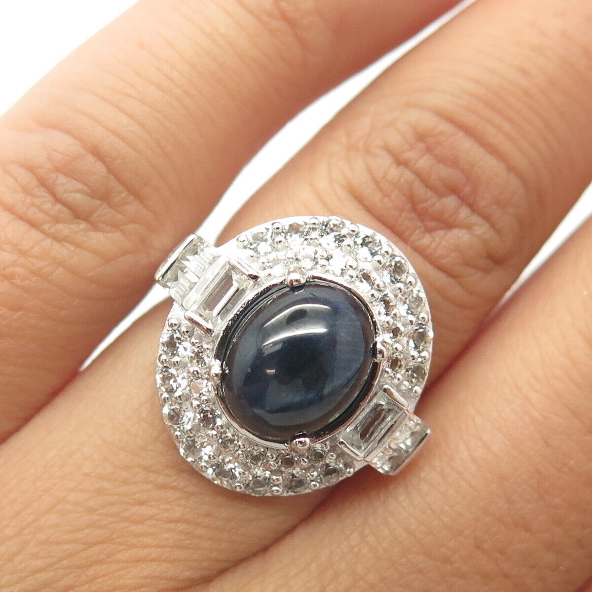 925 Sterling Silver Real White Topaz & Star Sapphire Gemstone Ring Size 5.25