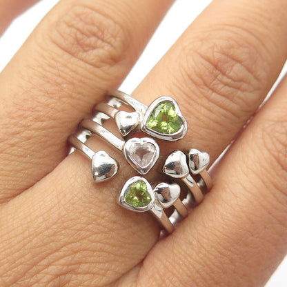 925 Sterling Silver Real Peridot & Amethyst Gemstone Heart Ring Size 9.25