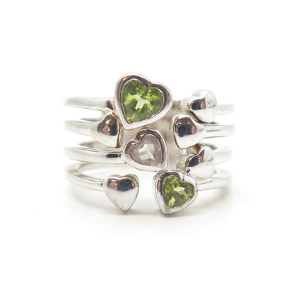 925 Sterling Silver Real Peridot & Amethyst Gemstone Heart Ring Size 9.25