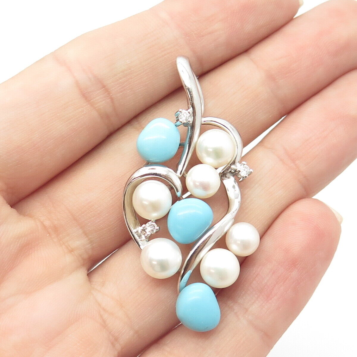 925 Sterling Silver Real Pearl Turquoise Gemstone & C Z Pendant