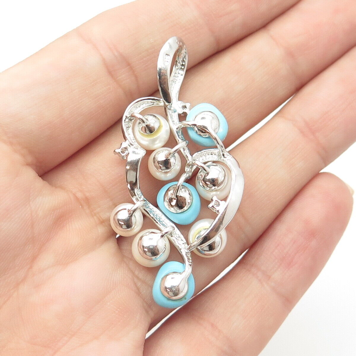 925 Sterling Silver Real Pearl Turquoise Gemstone & C Z Pendant