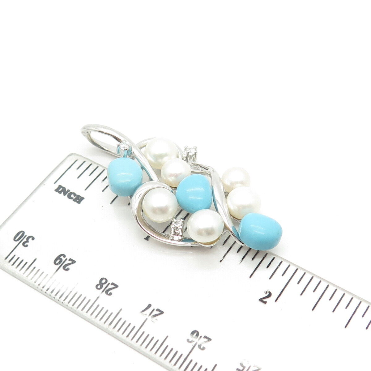 925 Sterling Silver Real Pearl Turquoise Gemstone & C Z Pendant