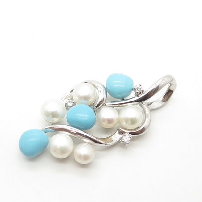 925 Sterling Silver Real Pearl Turquoise Gemstone & C Z Pendant