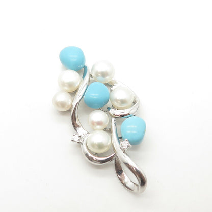 925 Sterling Silver Real Pearl Turquoise Gemstone & C Z Pendant