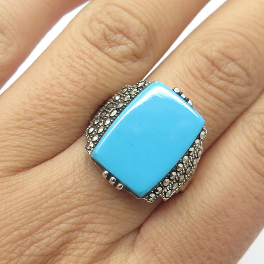 925 Sterling Silver Vintage Faux Turquoise & Marcasite Statement Ring Size 8.75