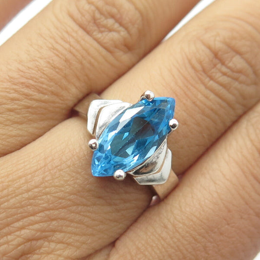 925 Sterling Silver Vintage Marquise-Cut Shaped Swiss Blue Topaz Ring Size 7