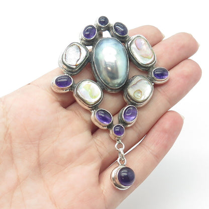 925 Sterling Silver Vintage Real Amethyst Pearl Abalone Shell Large Pendant