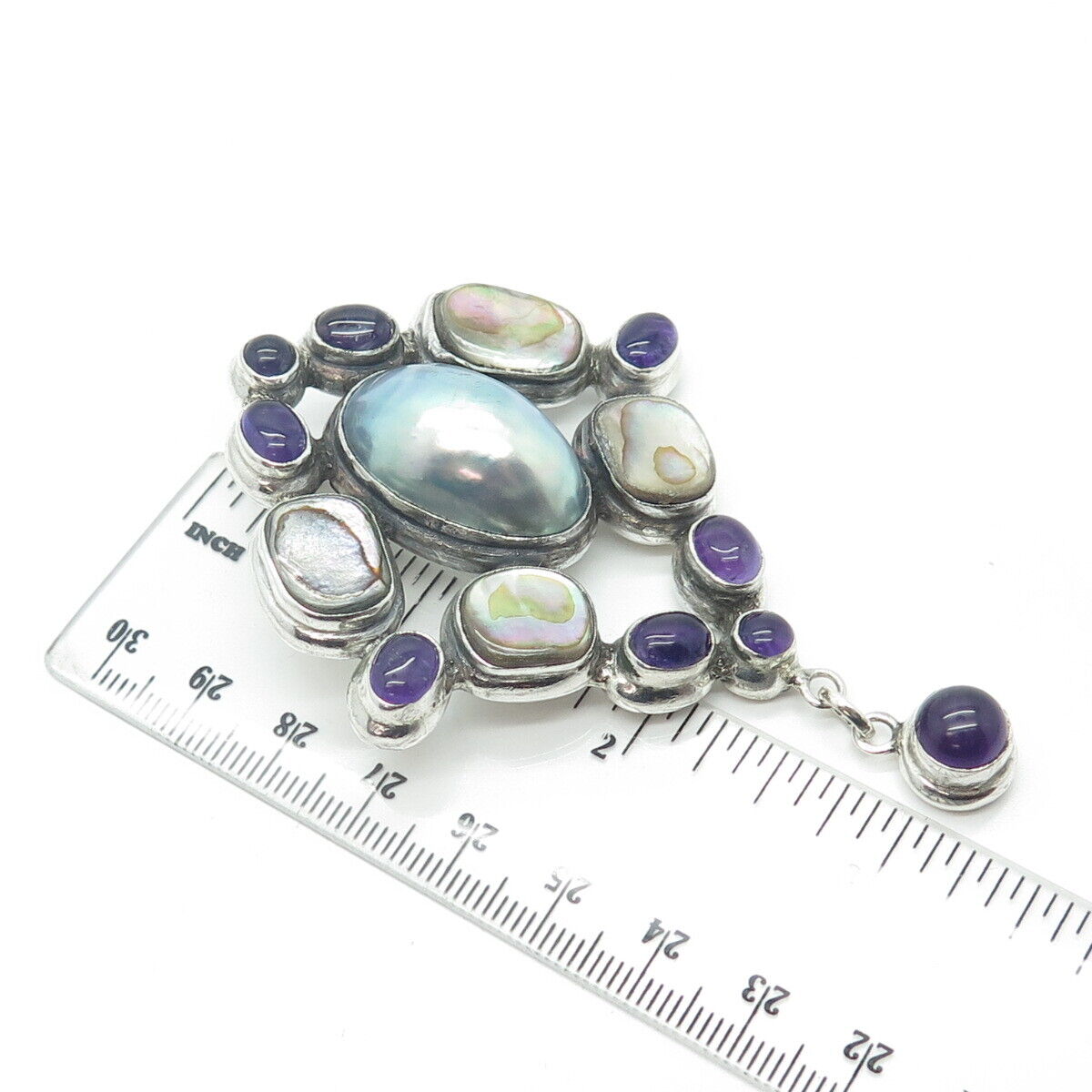 925 Sterling Silver Vintage Real Amethyst Pearl Abalone Shell Large Pendant