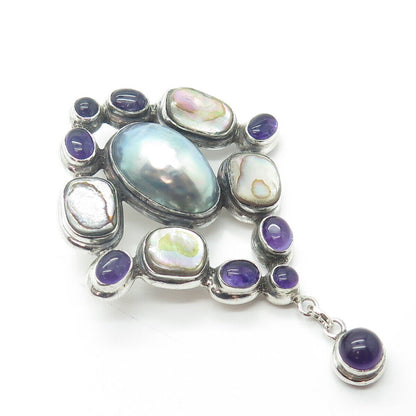 925 Sterling Silver Vintage Real Amethyst Pearl Abalone Shell Large Pendant