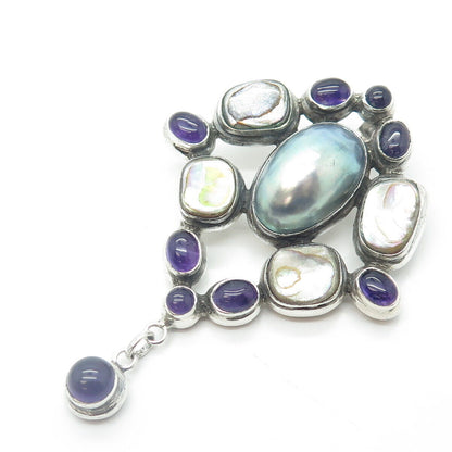 925 Sterling Silver Vintage Real Amethyst Pearl Abalone Shell Large Pendant