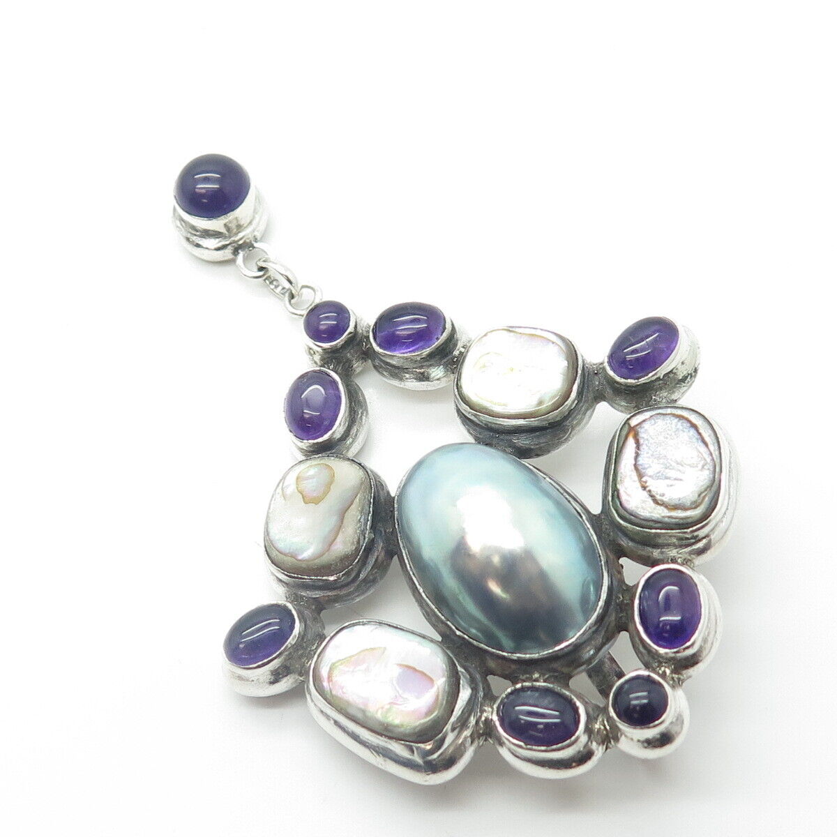 925 Sterling Silver Vintage Real Amethyst Pearl Abalone Shell Large Pendant