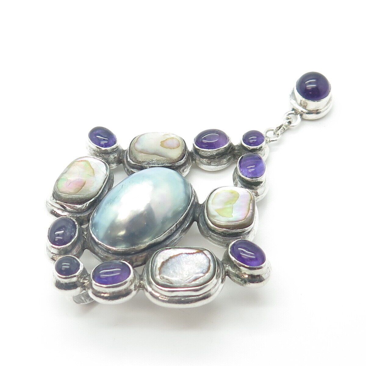 925 Sterling Silver Vintage Real Amethyst Pearl Abalone Shell Large Pendant