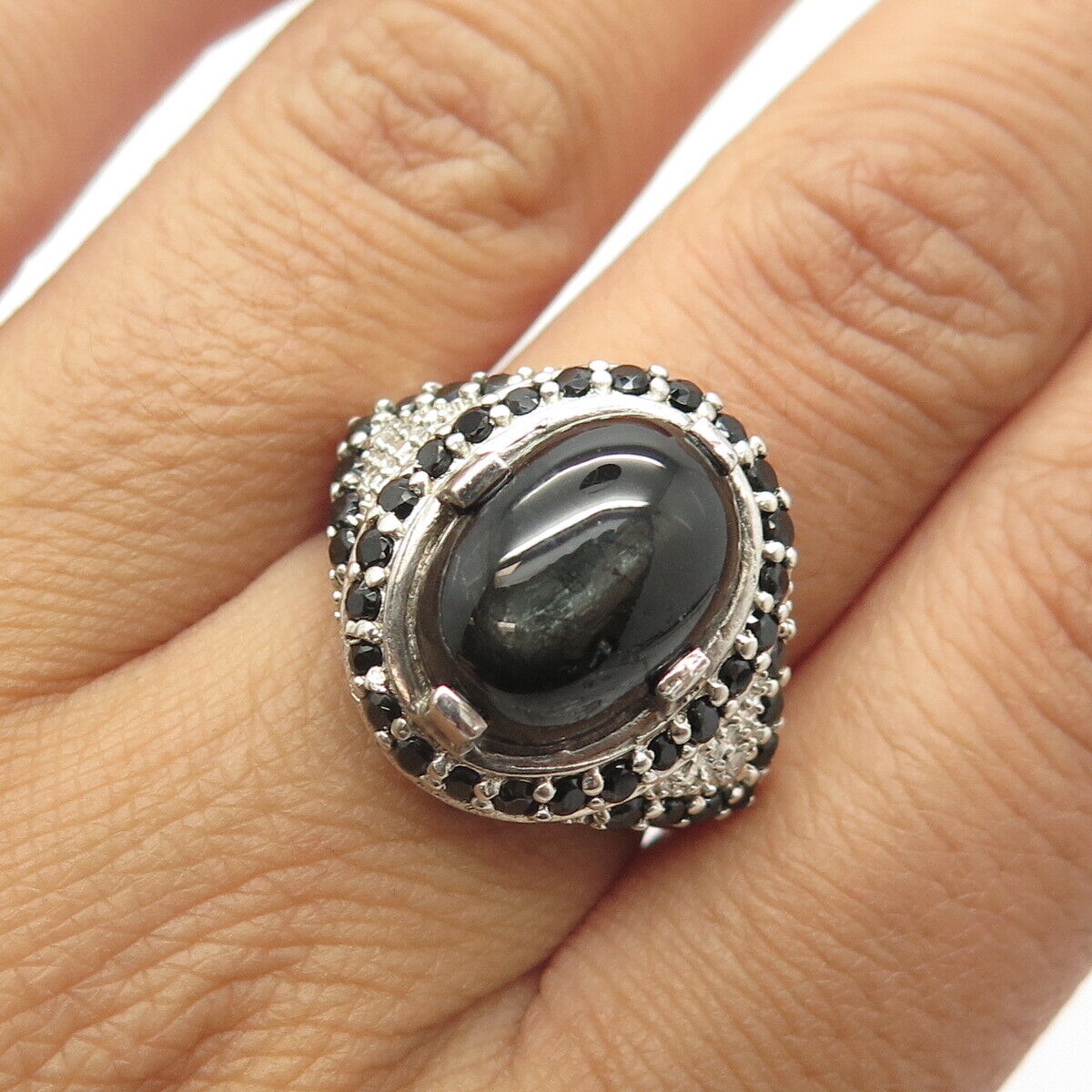 925 Sterling Silver Chuck Clemency Real Obsidian & Black Spinel Gem Ring Size 7