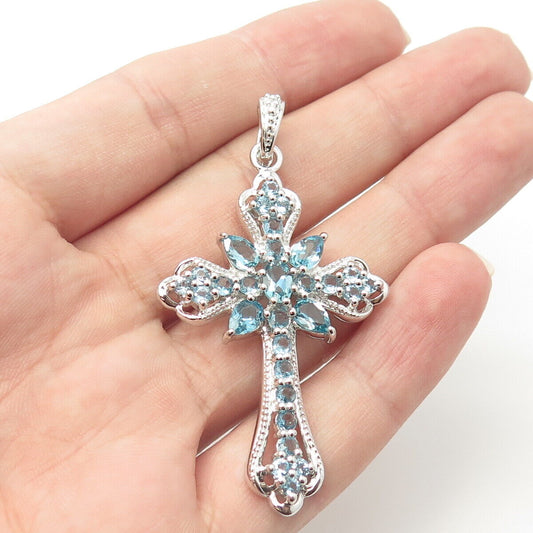 925 Sterling Silver Real Blue Topaz Gemstone Cross Pendant