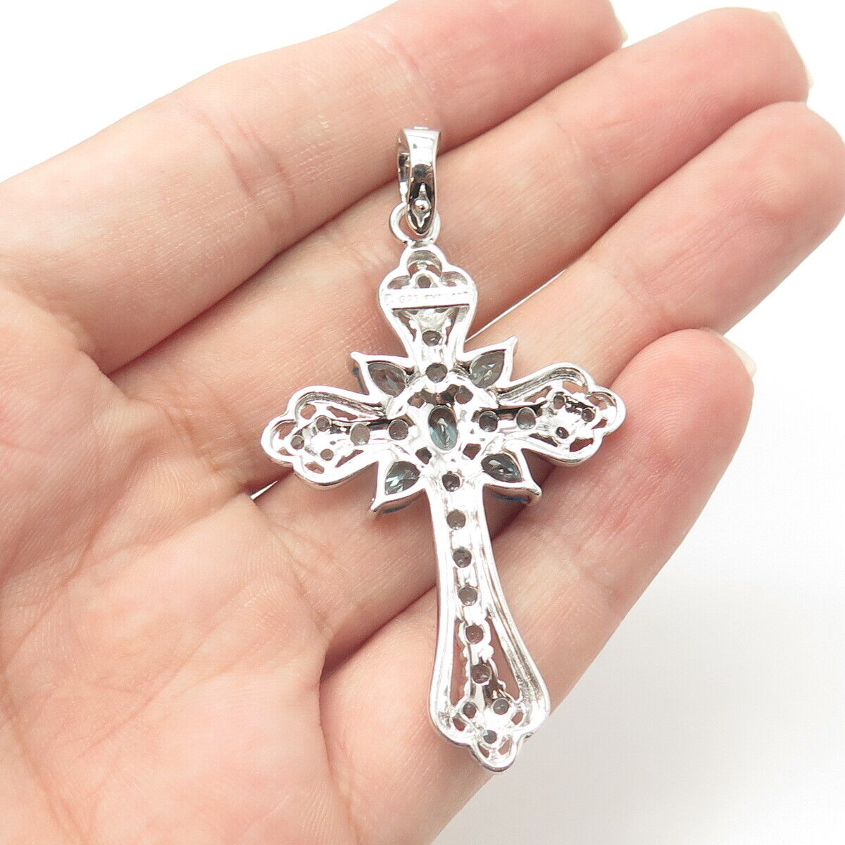 925 Sterling Silver Real Blue Topaz Gemstone Cross Pendant