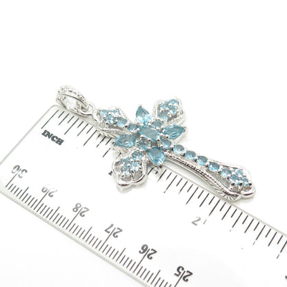 925 Sterling Silver Real Blue Topaz Gemstone Cross Pendant