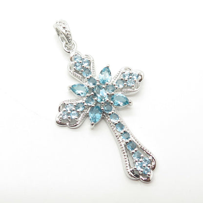 925 Sterling Silver Real Blue Topaz Gemstone Cross Pendant