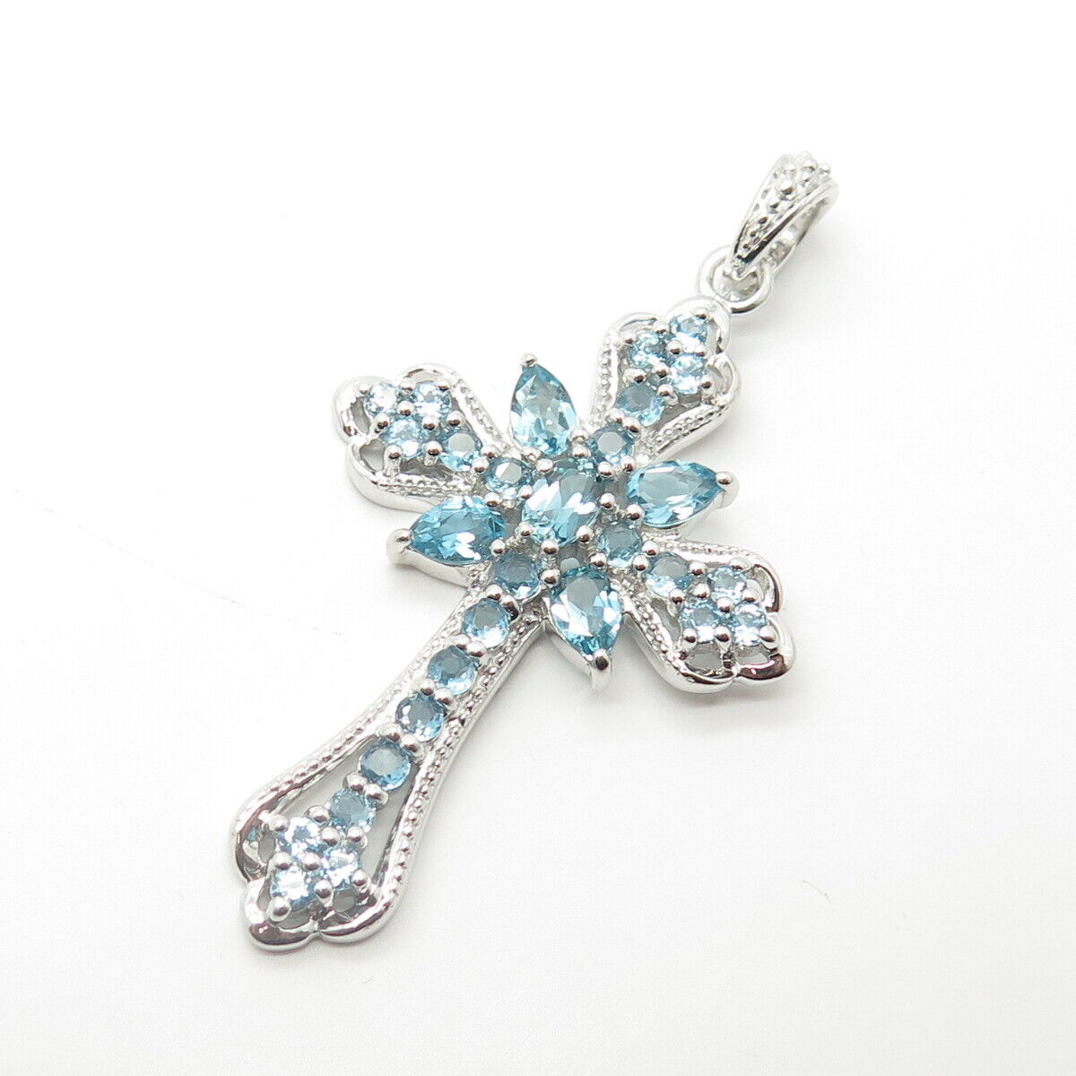 925 Sterling Silver Real Blue Topaz Gemstone Cross Pendant