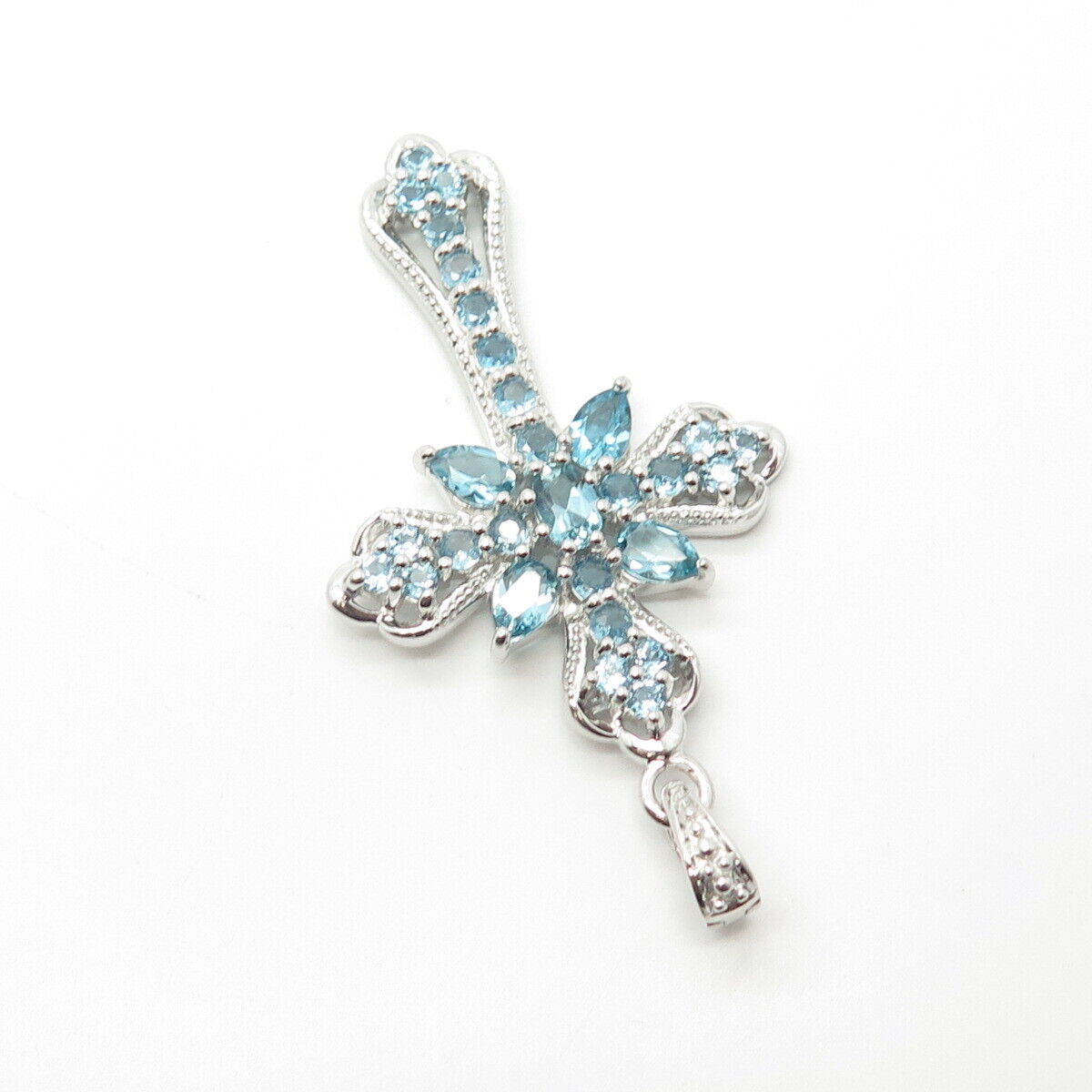 925 Sterling Silver Real Blue Topaz Gemstone Cross Pendant