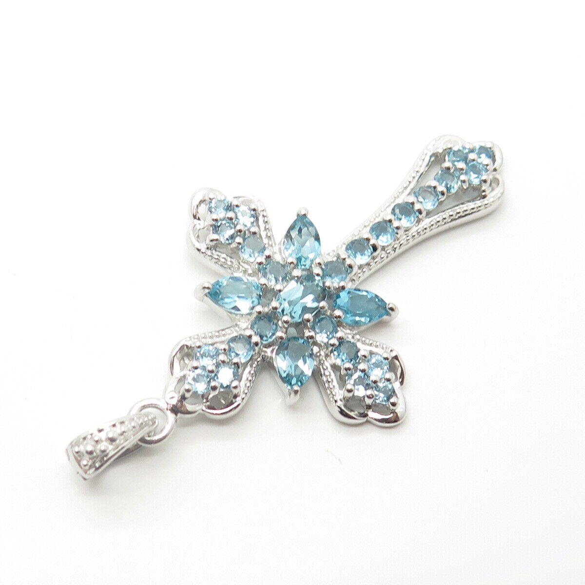 925 Sterling Silver Real Blue Topaz Gemstone Cross Pendant