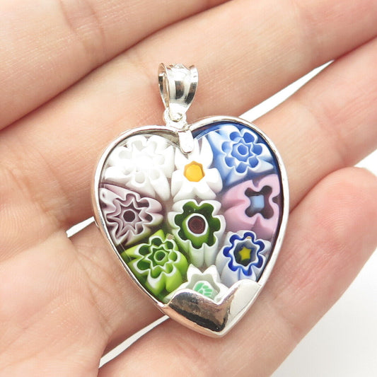 925 Sterling Silver Vintage Multi-Color Glass Floral Heart Pendant