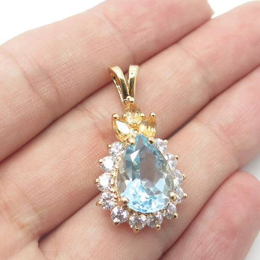 925 Sterling Silver Gold Plated Real Pear-Cut Shaped Blue Topaz & C Z Pendant