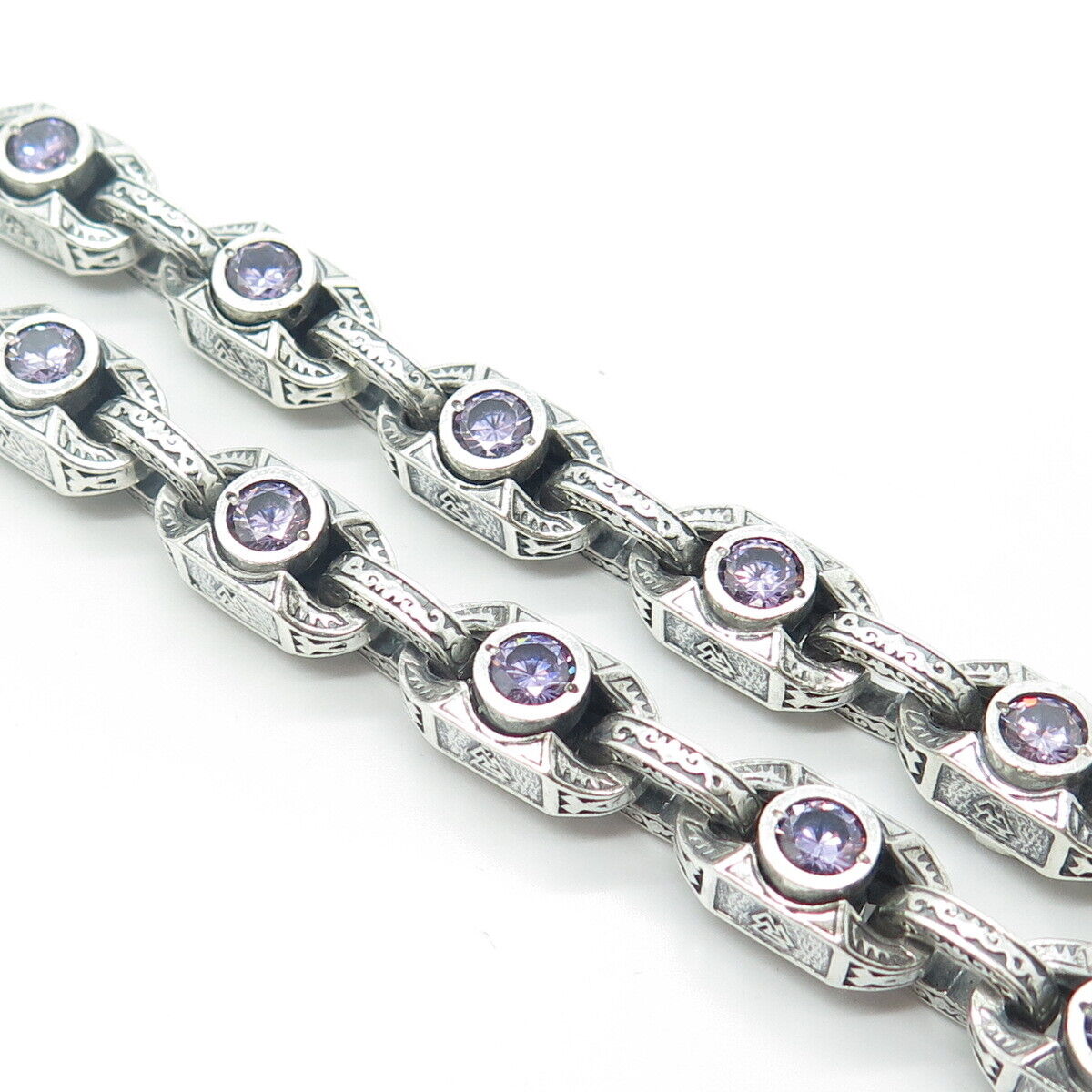 925 Sterling Silver Vintage Lavender C Z Ornate Tennis Chain Necklace 28"