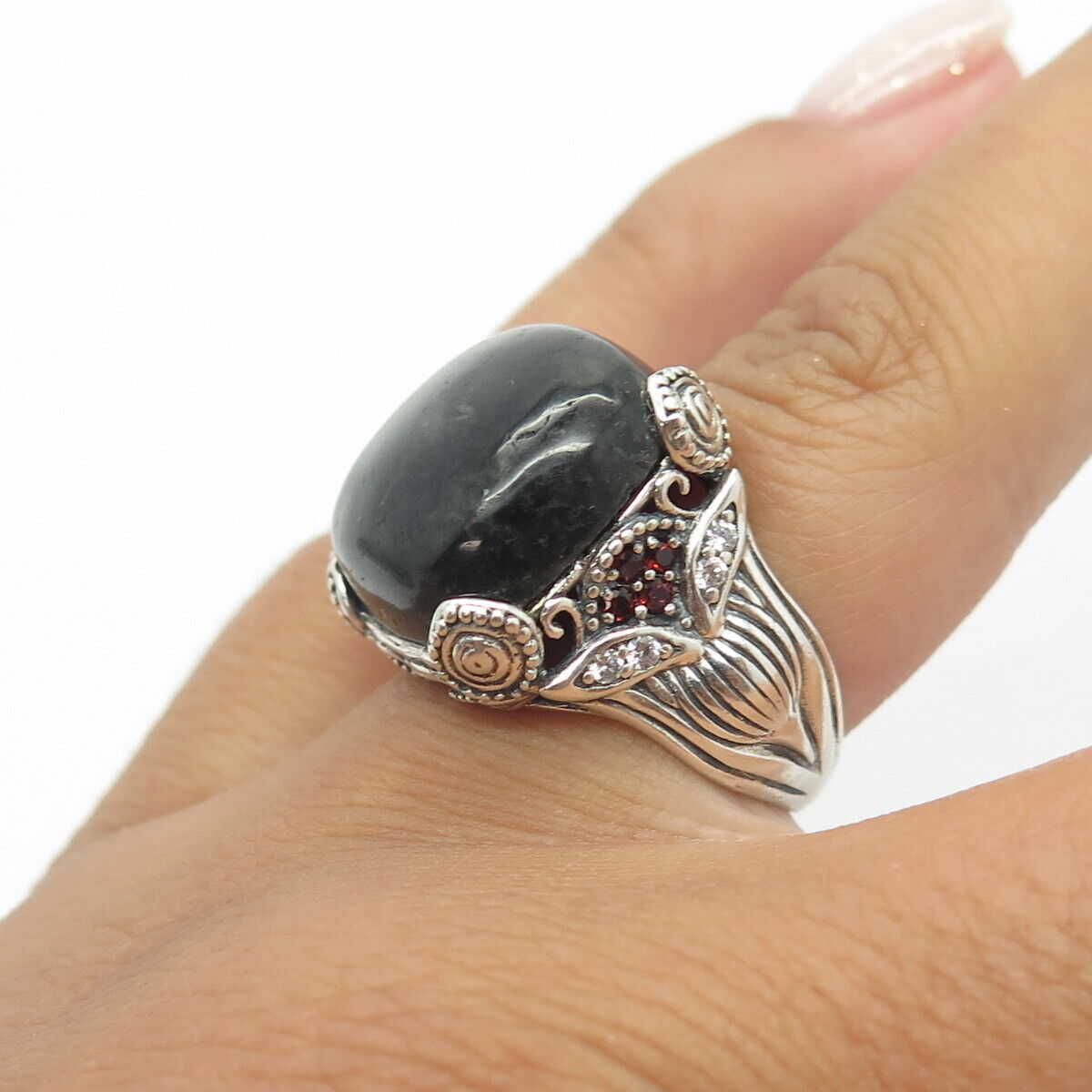 925 Sterling Silver Vintage Joy Jewelers Real Black Tiger Eye Garnet Ring Size 5