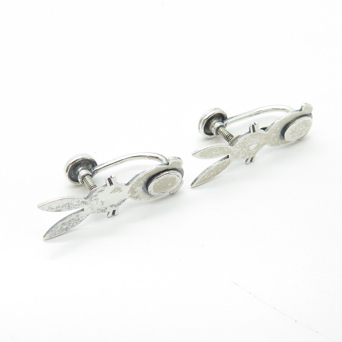 925 Sterling Silver Antique Art Deco BEAU Hare / Rabbit Screw Back Earrings