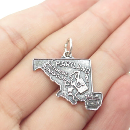 925 Sterling Silver Vintage Bell Trading Post Maryland State Map Charm Pendant