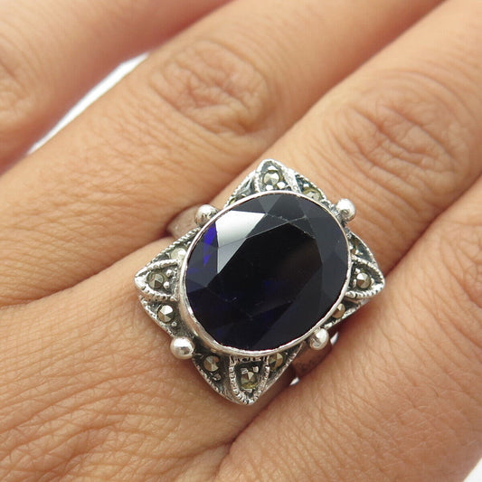 925 Sterling Silver Vintage Amethyst Marcasite Victorian Style Ring Size 6.5