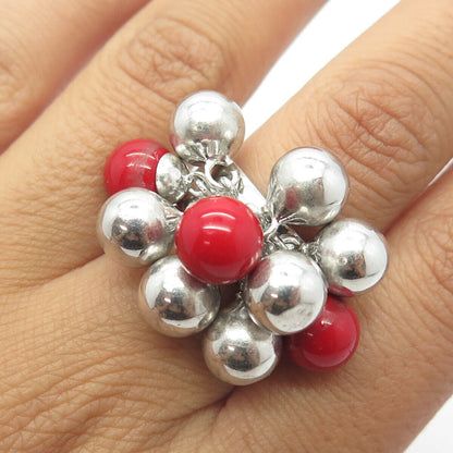 925 Sterling Silver Red-Color Ball Bead Charm Ring Size 8.25