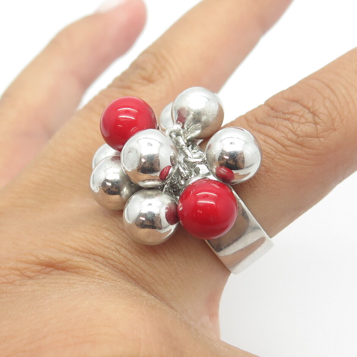 925 Sterling Silver Red-Color Ball Bead Charm Ring Size 8.25