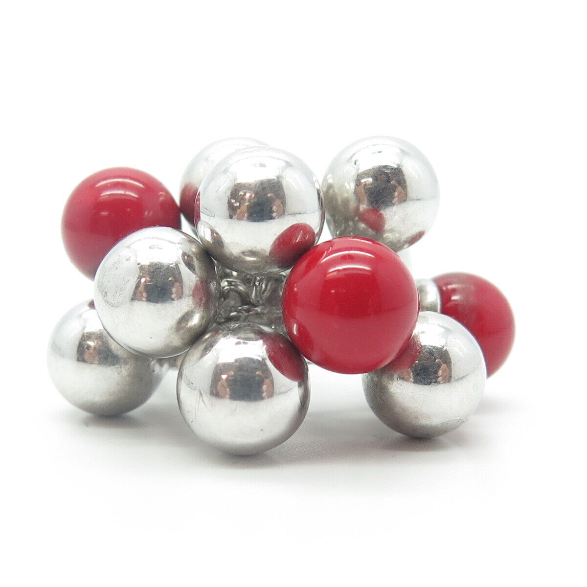 925 Sterling Silver Red-Color Ball Bead Charm Ring Size 8.25