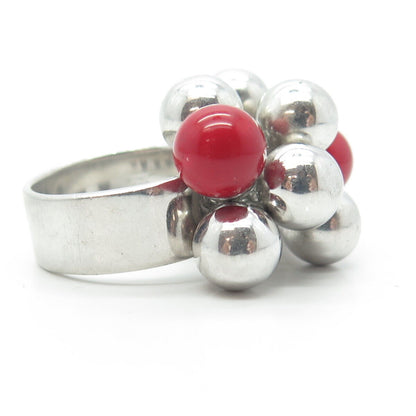 925 Sterling Silver Red-Color Ball Bead Charm Ring Size 8.25