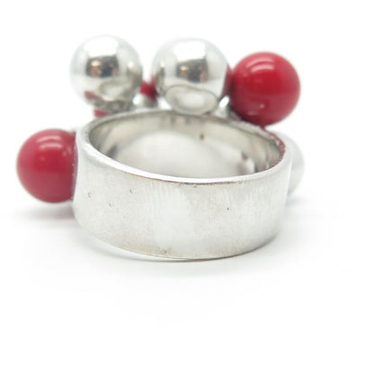 925 Sterling Silver Red-Color Ball Bead Charm Ring Size 8.25