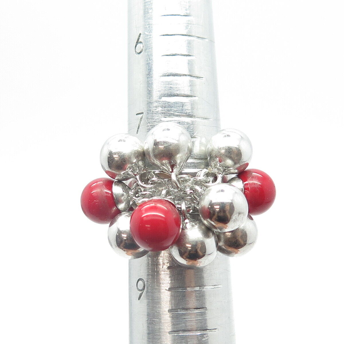 925 Sterling Silver Red-Color Ball Bead Charm Ring Size 8.25