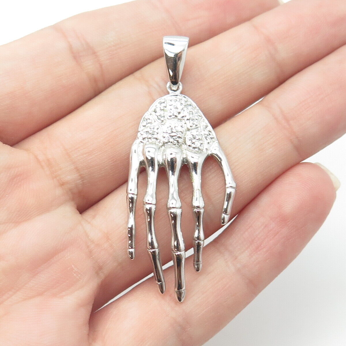 925 Sterling Silver White C Z Skeleton Hand Pendant