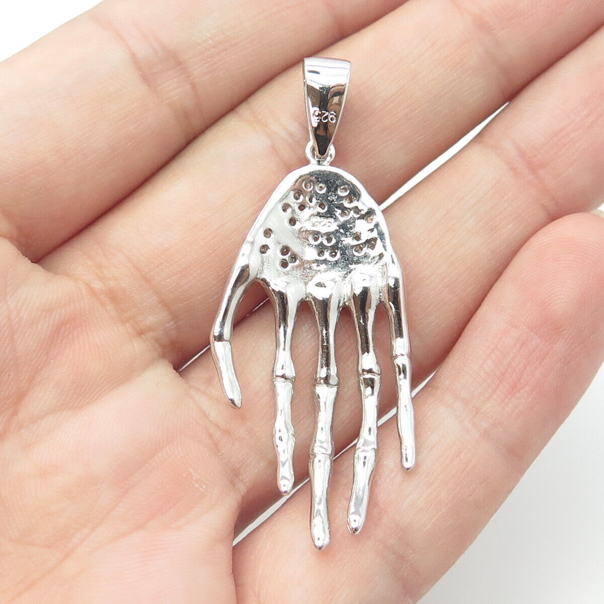 925 Sterling Silver White C Z Skeleton Hand Pendant